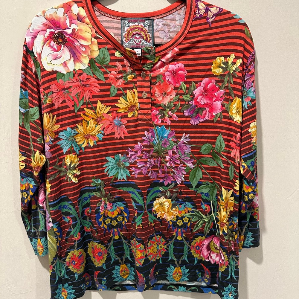 Johnny Was Red Floral Striped Bamboo Long Sleeve Top